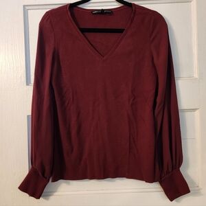 WHBM Sweater Burgundy V-neck w/ Sheer Sleeves Sz S EUC Date Night, Cocktail Hour